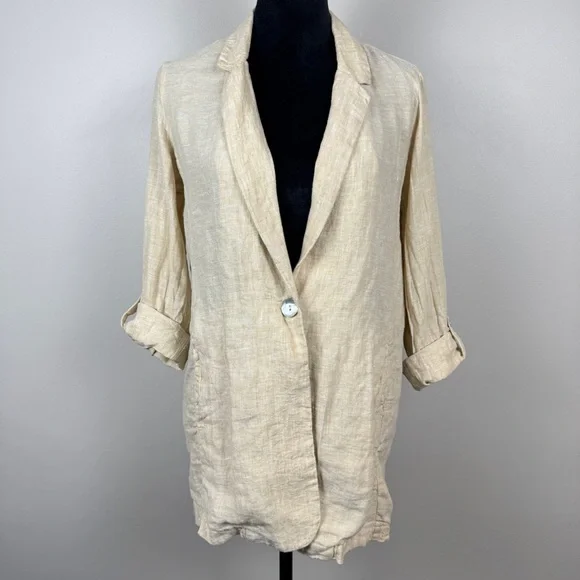 Christian Siriano Linen Blazer Jacket Womens Medium M Cream Long Roll Tab Sleeve - Picture 2 of 9